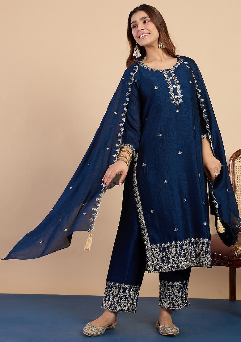 Blue Embroidery Silk Kurta Set - Indya