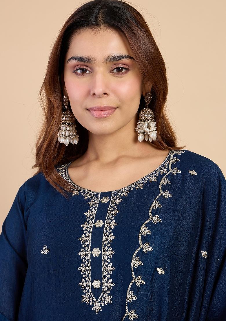 Blue Embroidery Silk Kurta Set - Indya