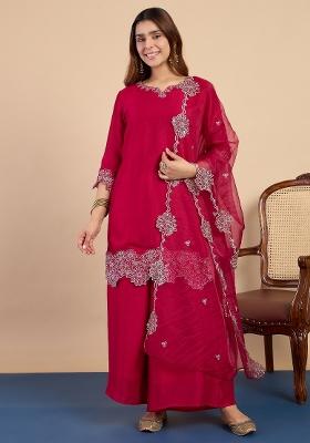 Rani Pink Embroidery Silk Kurta Set