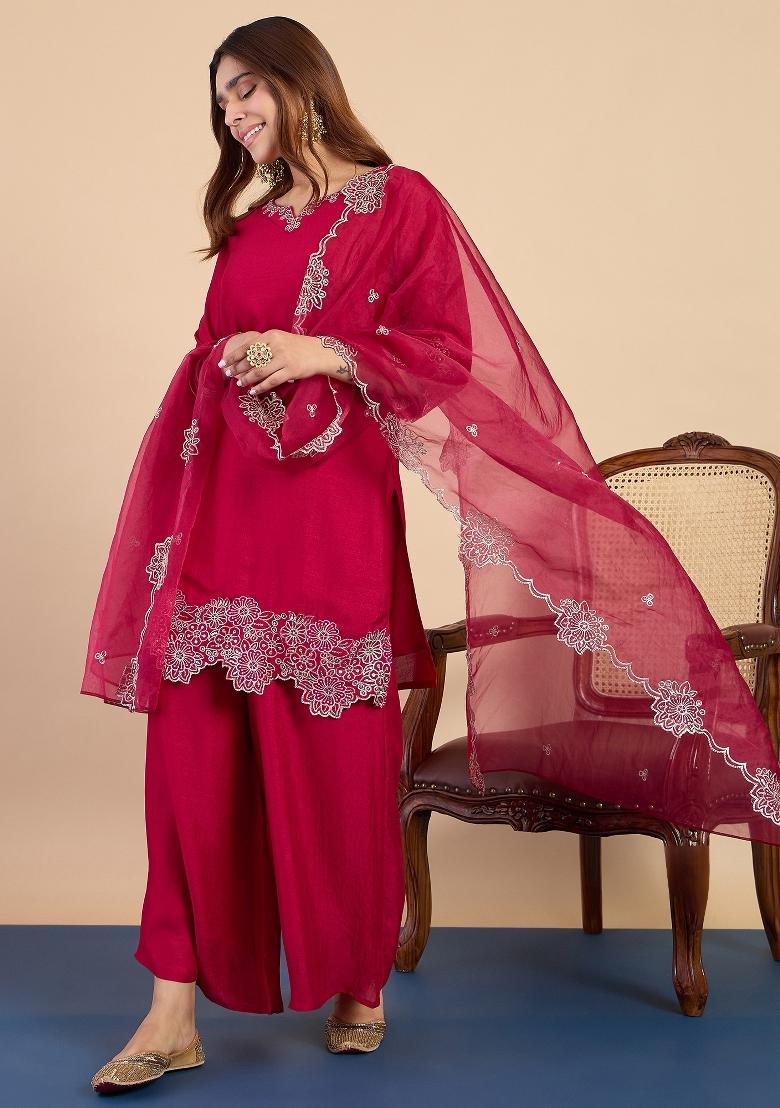 Rani Pink Embroidery Silk Kurta Set - Indya