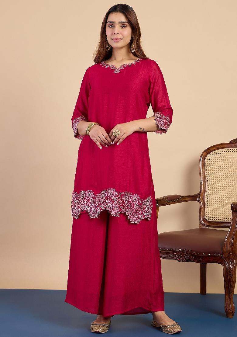 Rani Pink Embroidery Silk Kurta Set - Indya