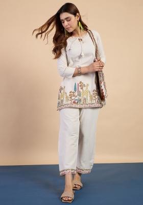 Off White Embroidery Cotton Kurta Set