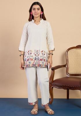 Off White Embroidery Cotton Kurta Set
