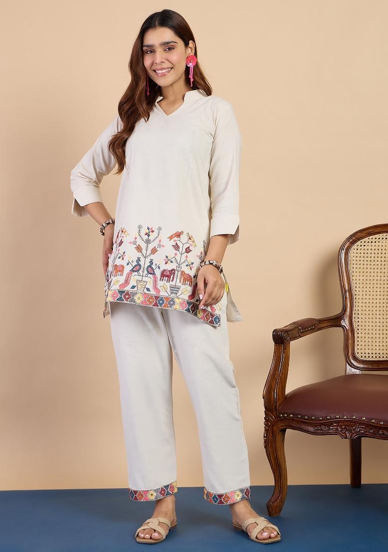 Off White Embroidery Cotton Kurta Set - Indya