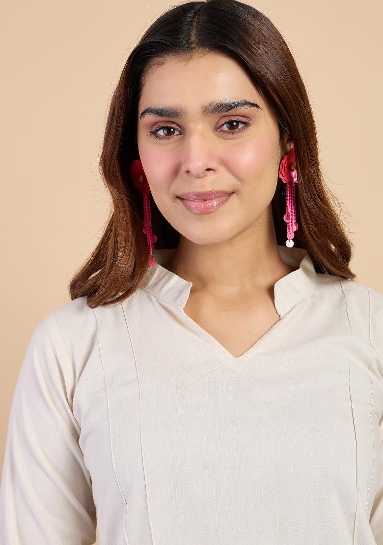 Off White Embroidery Cotton Kurta Set - Indya