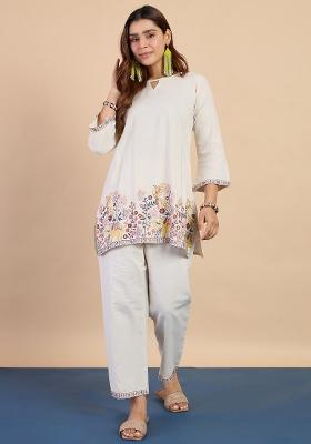 Off White Embroidery Cotton Kurta Set