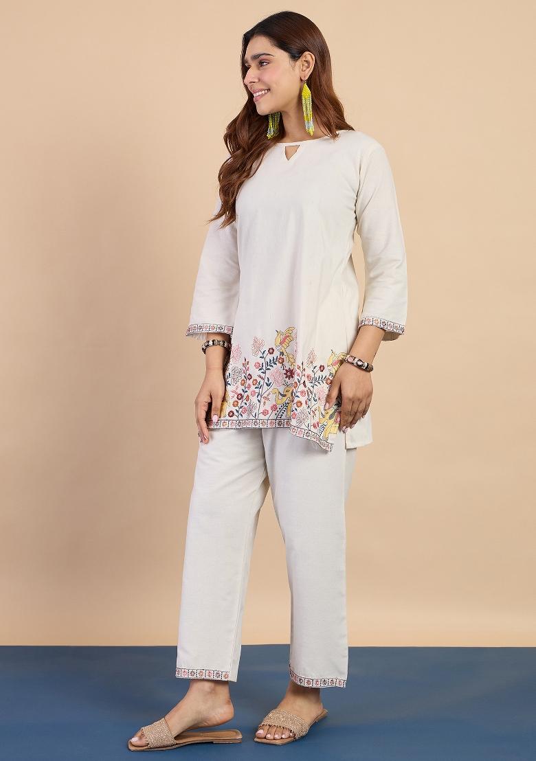 Off White Embroidery Cotton Kurta Set - Indya