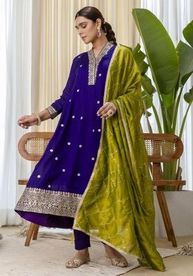 Blue Embroidery Silk Kurta Set