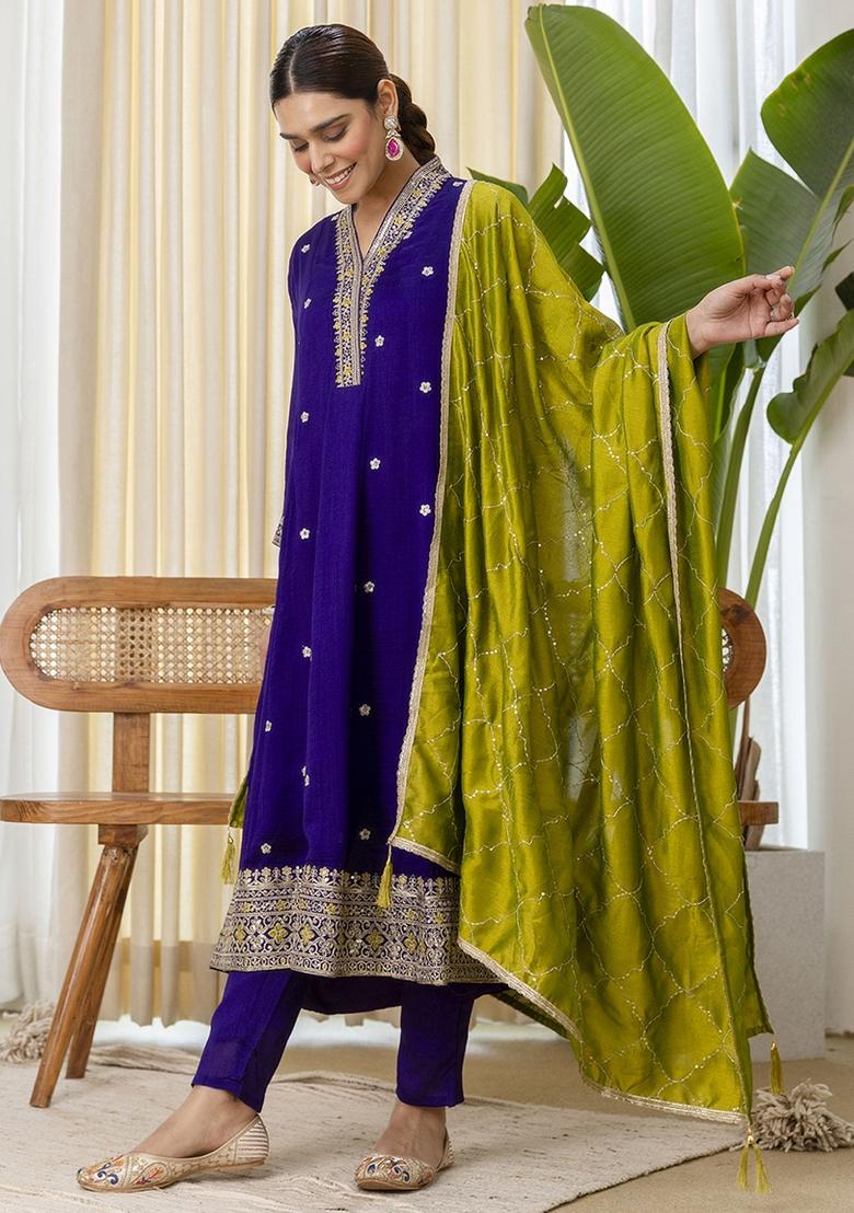 Blue Embroidery Silk Kurta Set - Indya