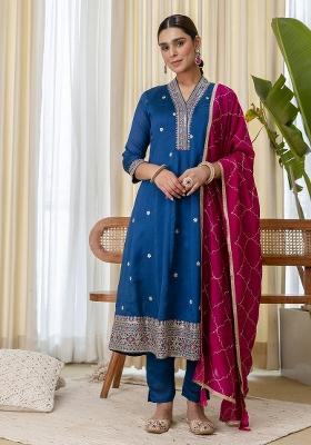 Teal Embroidery Silk Kurta Set