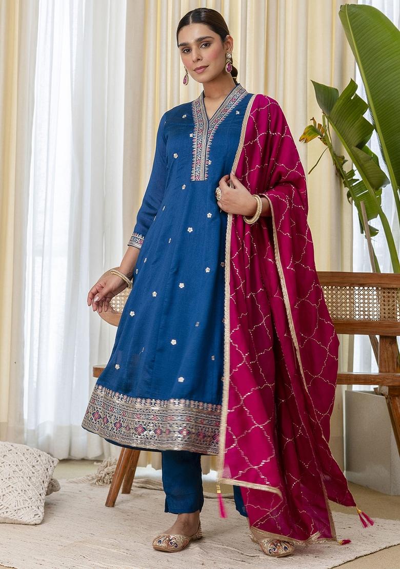 Teal Embroidery Silk Kurta Set - Indya