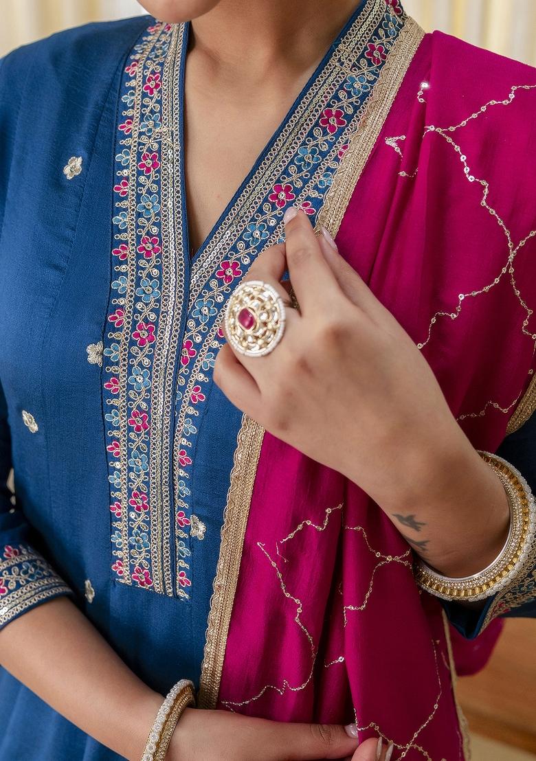 Teal Embroidery Silk Kurta Set - Indya