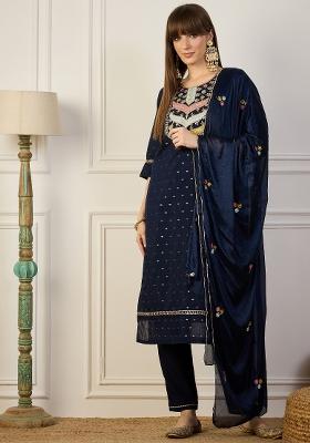 Navy Blue Embroidery Silk Kurta Set