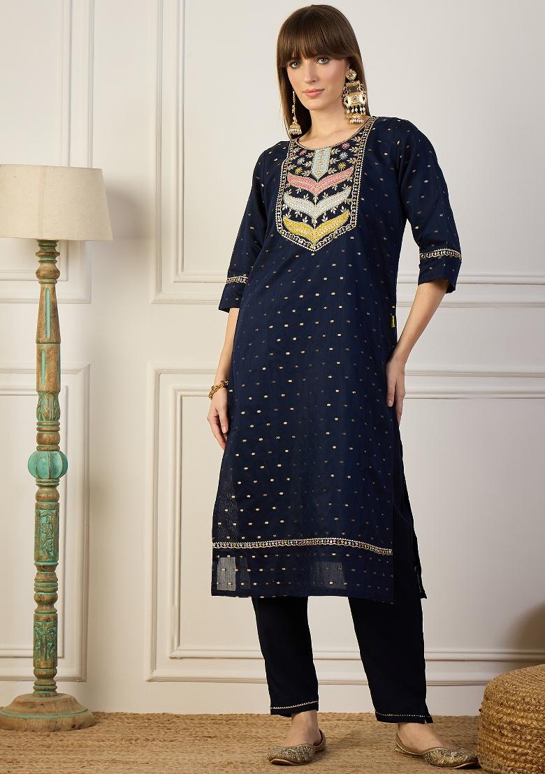 Navy Blue Embroidery Silk Kurta Set - Indya