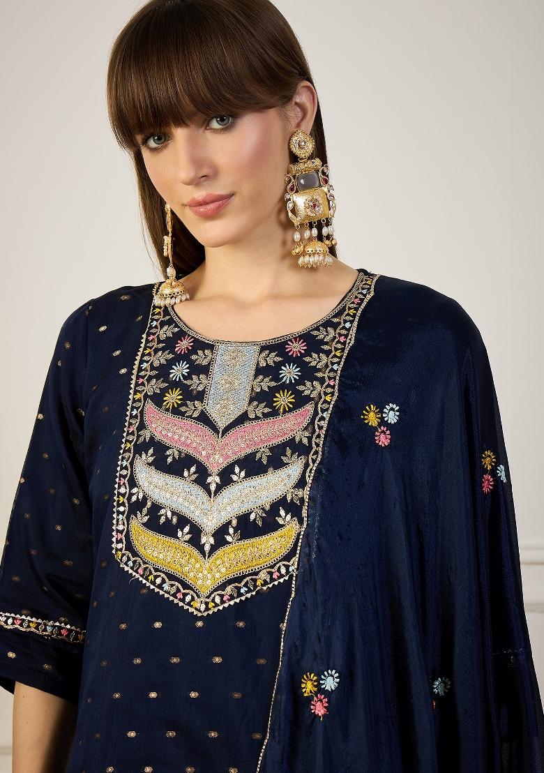 Navy Blue Embroidery Silk Kurta Set - Indya