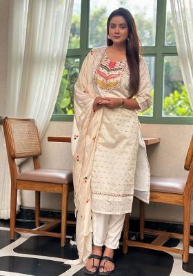 Off White Embroidery Silk Kurta Set