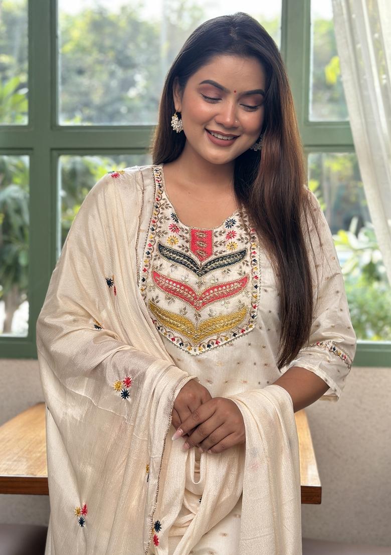 Off White Embroidery Silk Kurta Set - Indya