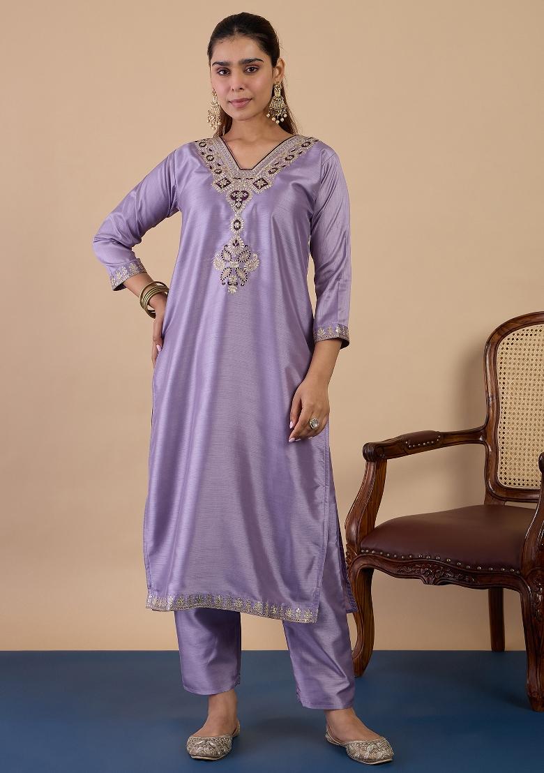 Lavender Embroidery Silk Kurta Set - Indya