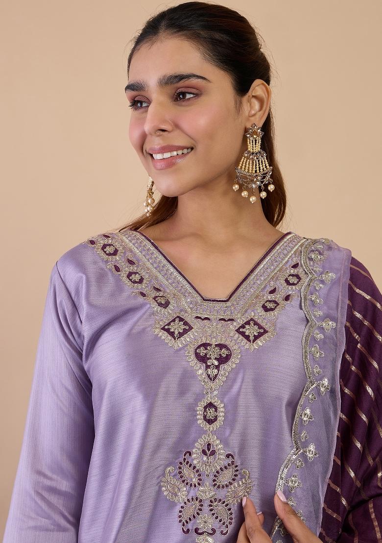 Lavender Embroidery Silk Kurta Set - Indya