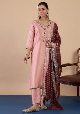 Peach Embroidery Silk Kurta Set