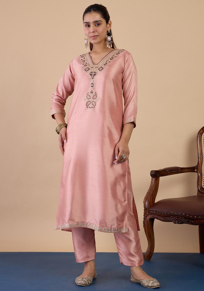 Peach Embroidery Silk Kurta Set - Indya