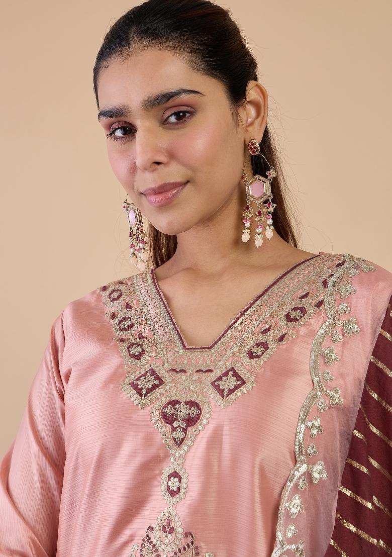 Peach Embroidery Silk Kurta Set - Indya