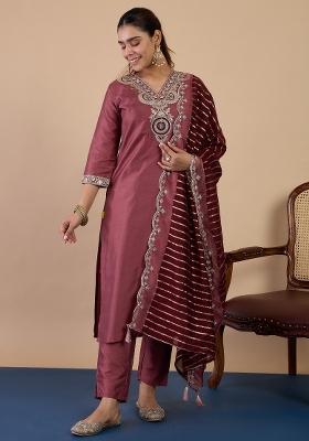 Mauve Embroidery Silk Kurta Set