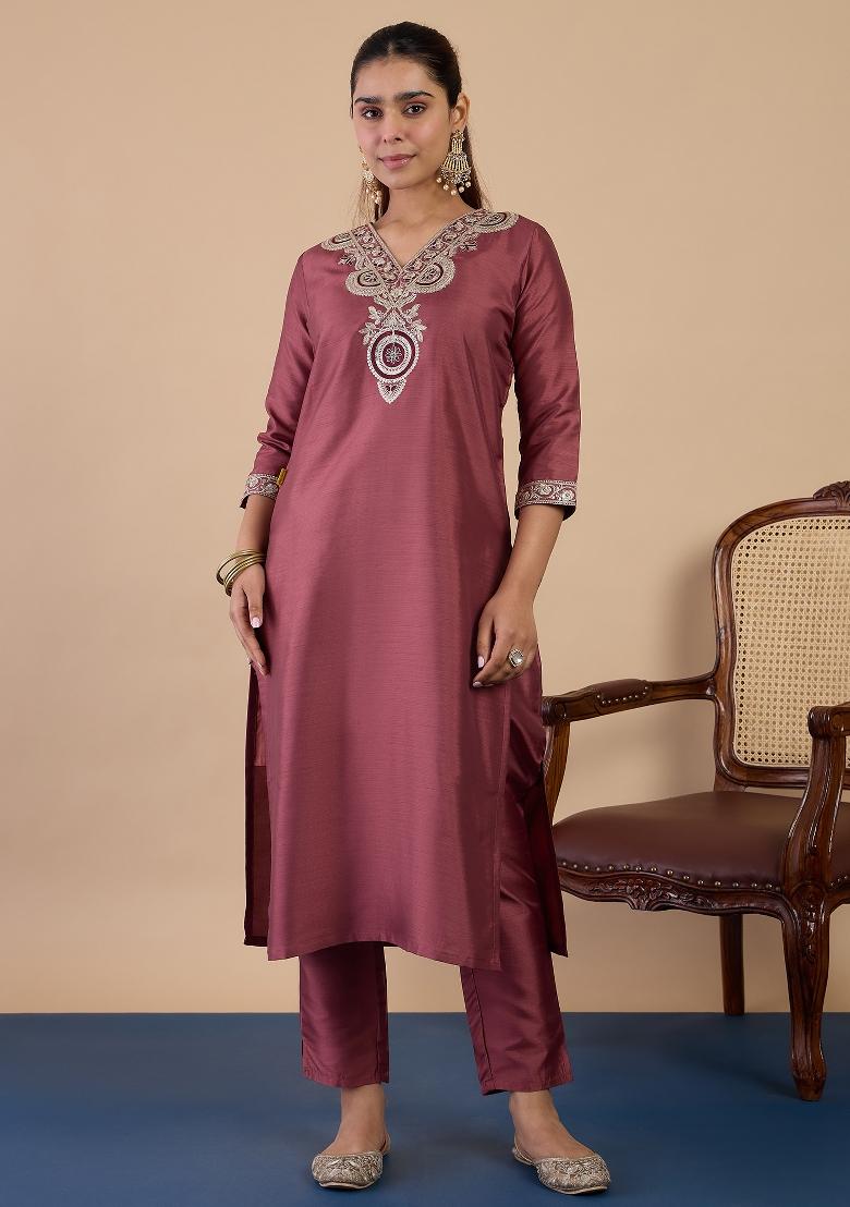 Mauve Embroidery Silk Kurta Set - Indya