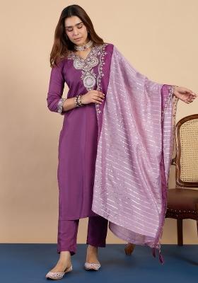 Purple Embroidery Silk Kurta Set