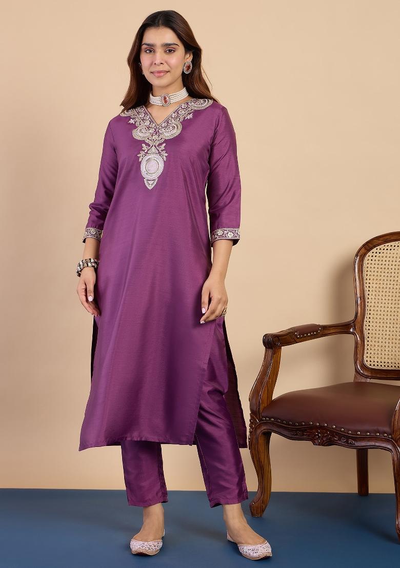 Purple Embroidery Silk Kurta Set - Indya