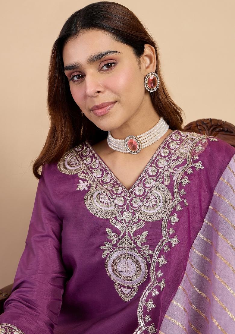 Purple Embroidery Silk Kurta Set - Indya