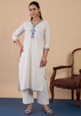 Off White Embroidery Cotton Kurta Set
