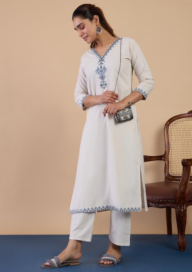 Off White Embroidery Cotton Kurta Set - Indya