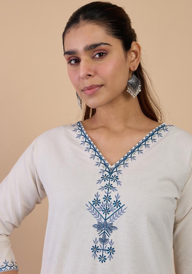 Off White Embroidery Cotton Kurta Set - Indya
