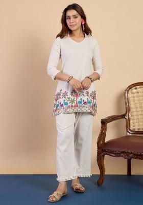 Off White Embroidery Cotton Kurta Set