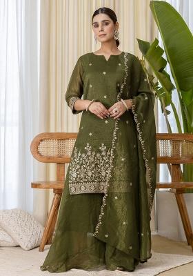 Green Embroidery Silk Kurta Set