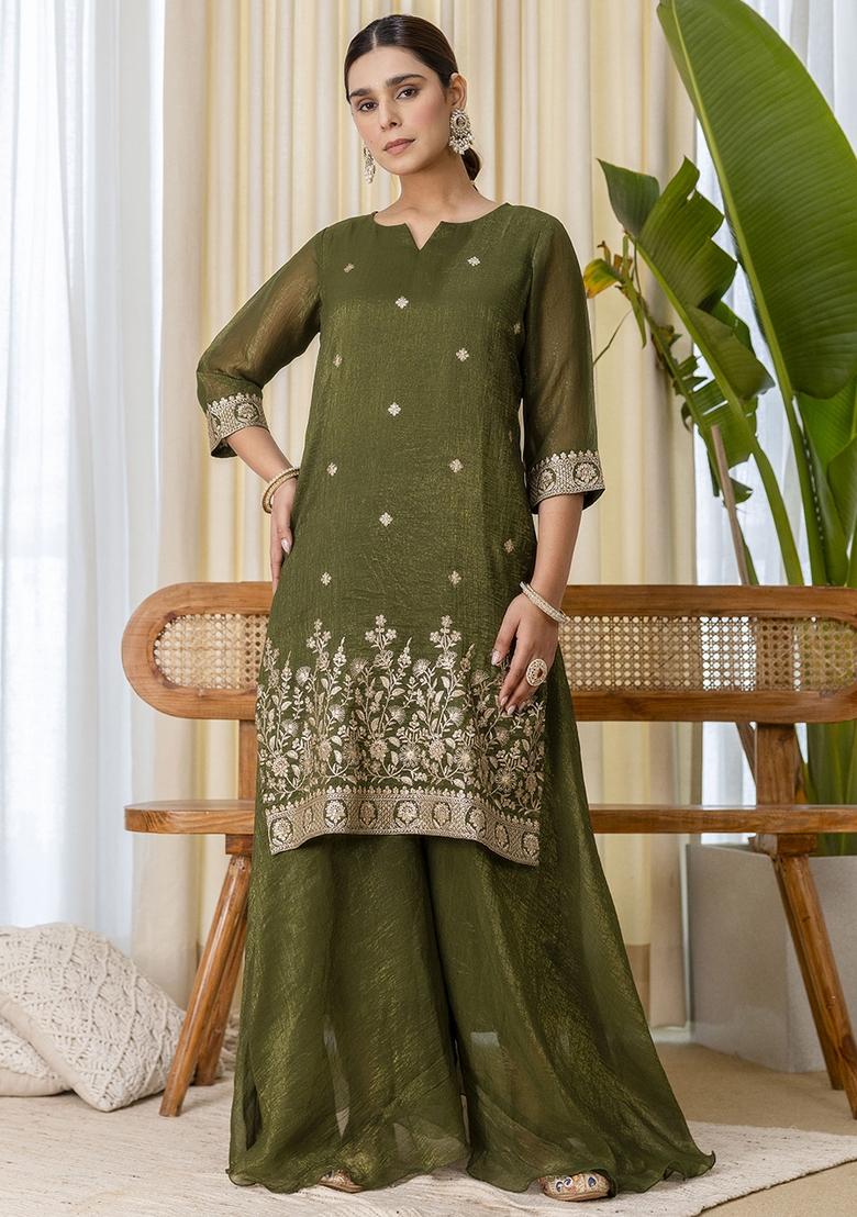 Green Embroidery Silk Kurta Set - Indya