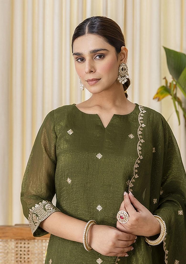 Green Embroidery Silk Kurta Set - Indya