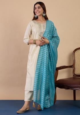Cream Embroidery Silk Kurta Set