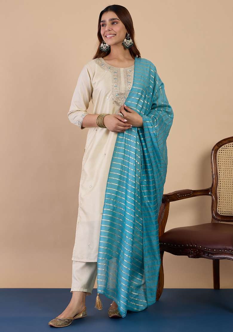 Cream Embroidery Silk Kurta Set - Indya