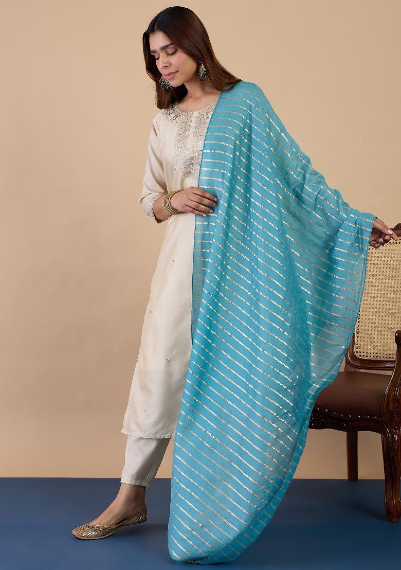 Cream Embroidery Silk Kurta Set - Indya