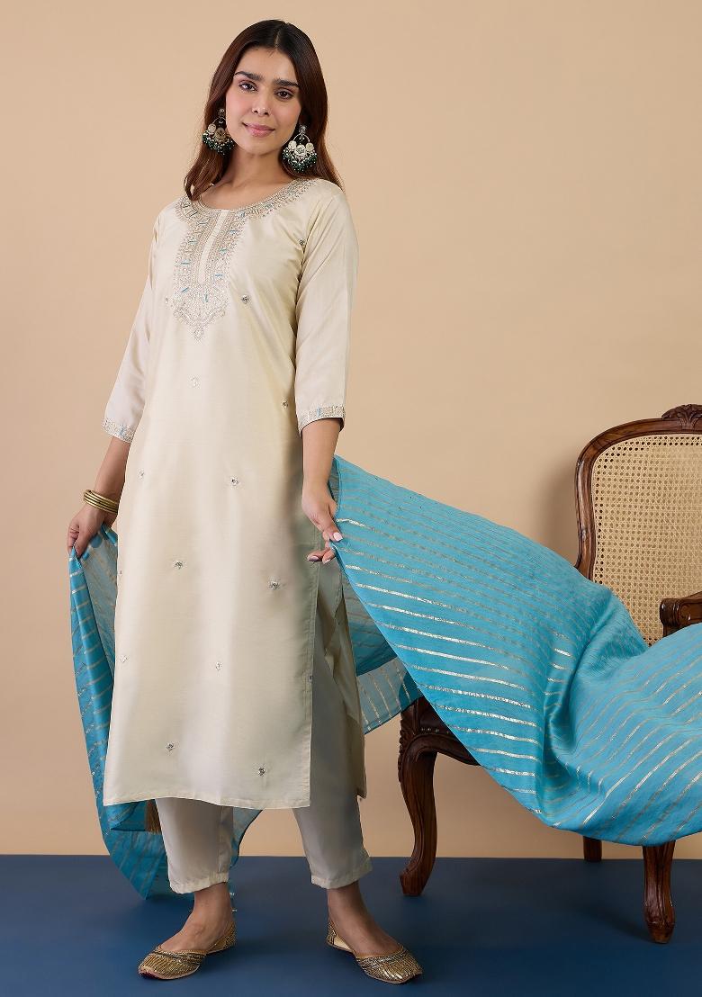 Cream Embroidery Silk Kurta Set - Indya