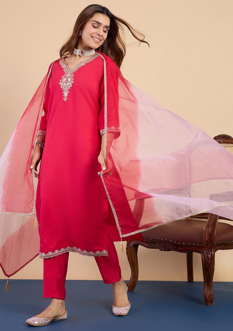 Pink Embroidery Silk Kurta Set - Indya