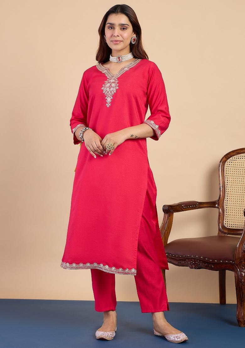 Pink Embroidery Silk Kurta Set - Indya