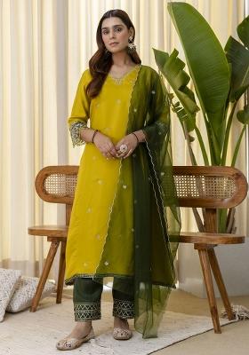 Yellow Embroidery Silk Kurta Set