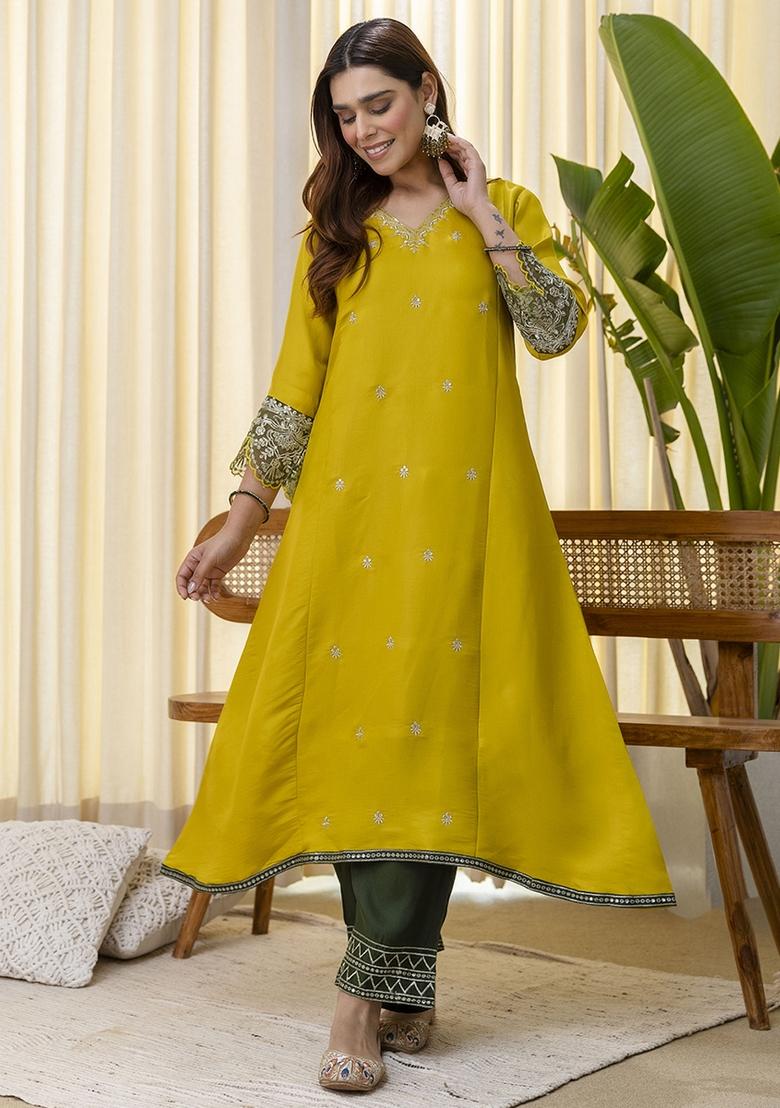 Yellow Embroidery Silk Kurta Set - Indya