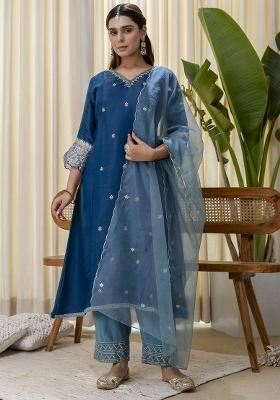 Teal Embroidery Silk Kurta Set