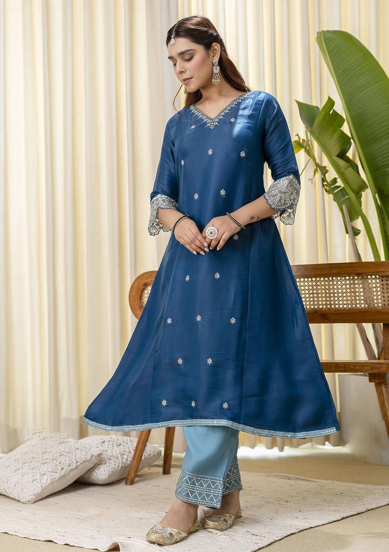 Teal Embroidery Silk Kurta Set - Indya