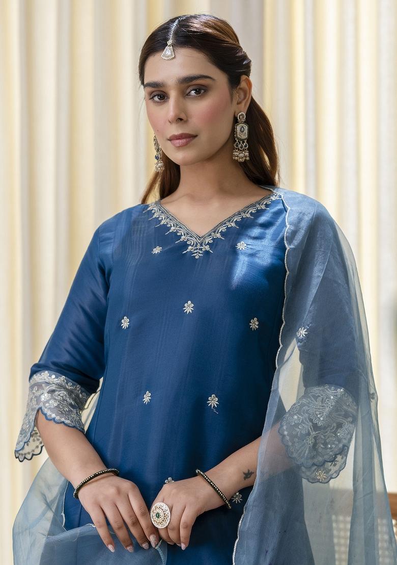Teal Embroidery Silk Kurta Set - Indya