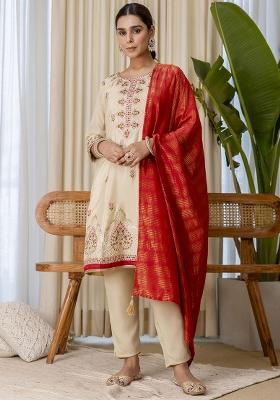 Beige Embroidery Silk Kurta Set